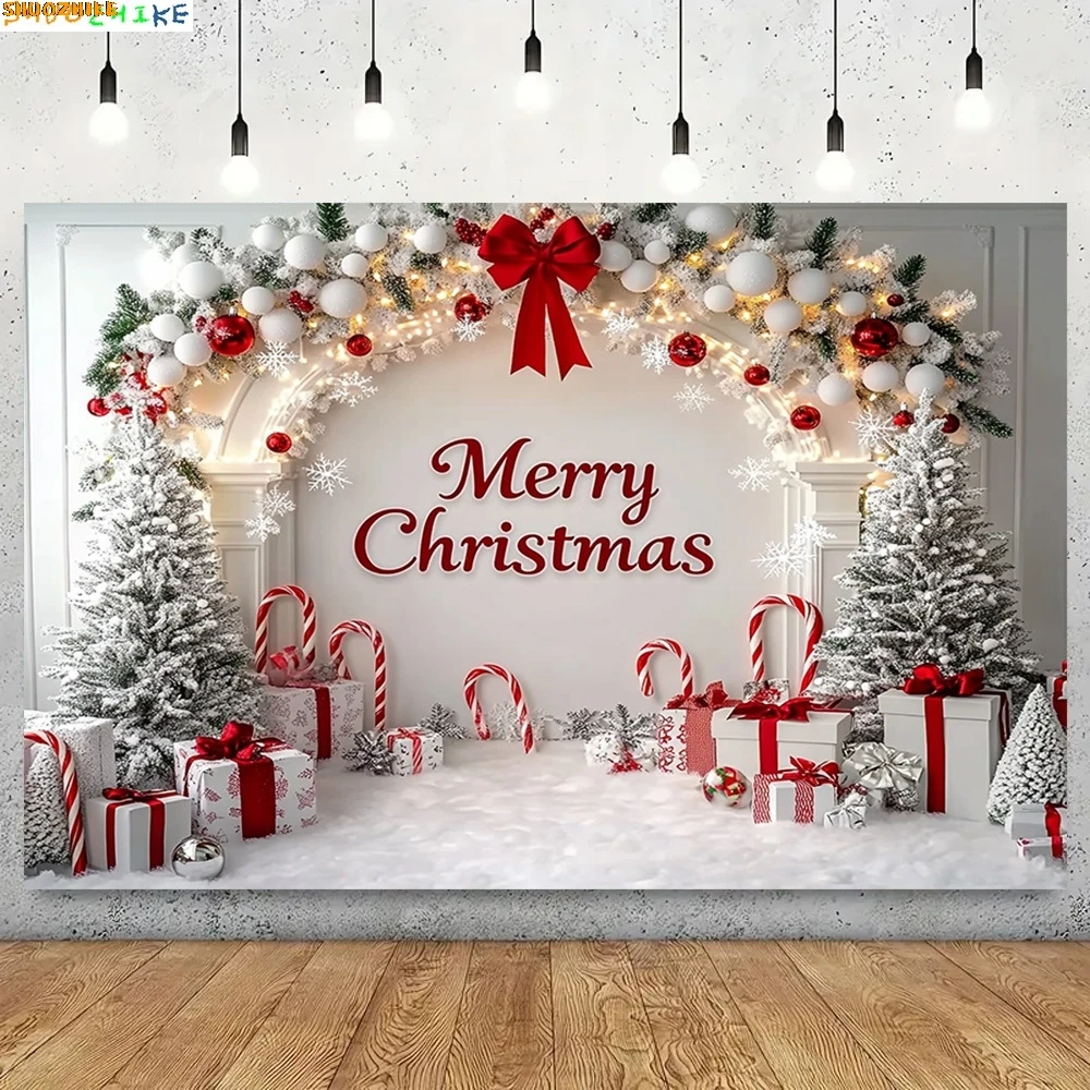 

Christmas Day Pine Tree Bell Wreath Photography Backdrops Indoor Arch Fireplace Winter New Year Family Portrait Background VF-09