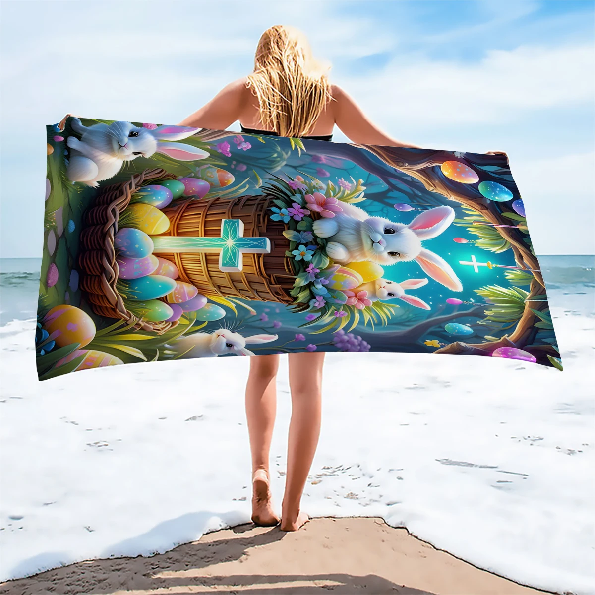 1PC Cartoon Rabbit Egg Basket Beach Towel Healing High Aesthetic Beach Vacation Swimming Large Towel for Relaxation And Play