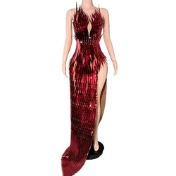 Sparkly Red Sequins High Split Long Dress Women Sexy Evening Birthday Celebrate Dress Photo Shoot Wear Stage Costume
