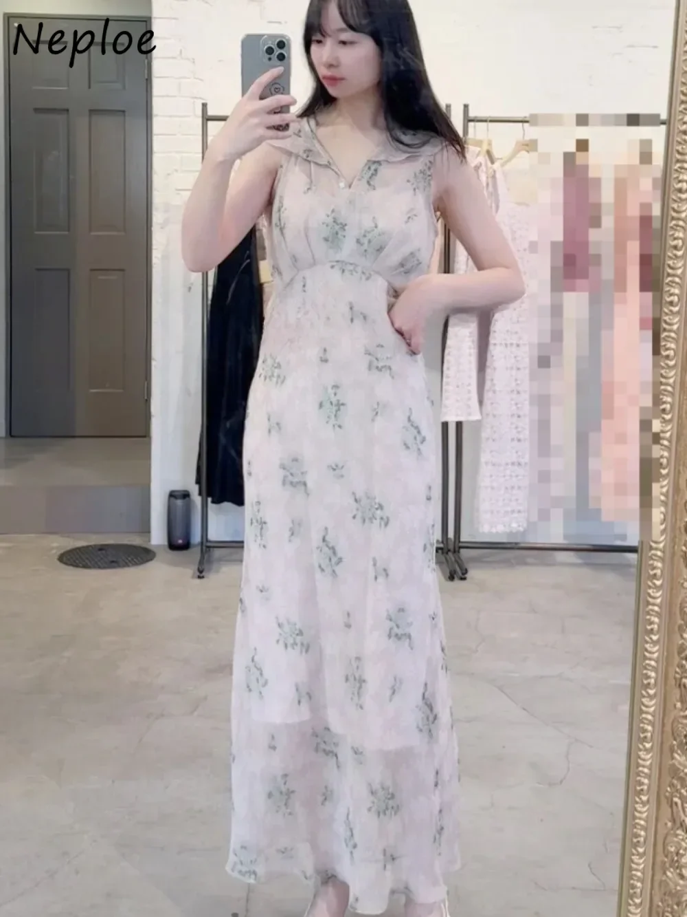 

Neploe Fresh Harajuku Sleeveless Chiffon Mujer Print High Waist Slim Pullover Femme Robe Japan Lace Up Mid-length Vestidos