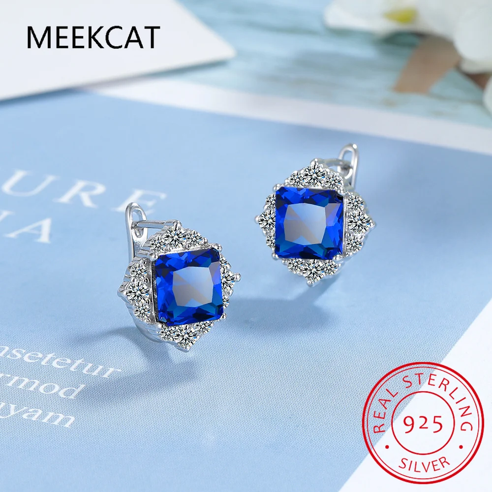 

Square 2.8ct Created Blue Sapphire 925 Sterling Silver Geometric Hoop Earrings for Women Gemstone Fine Jewelry Birthday Gift
