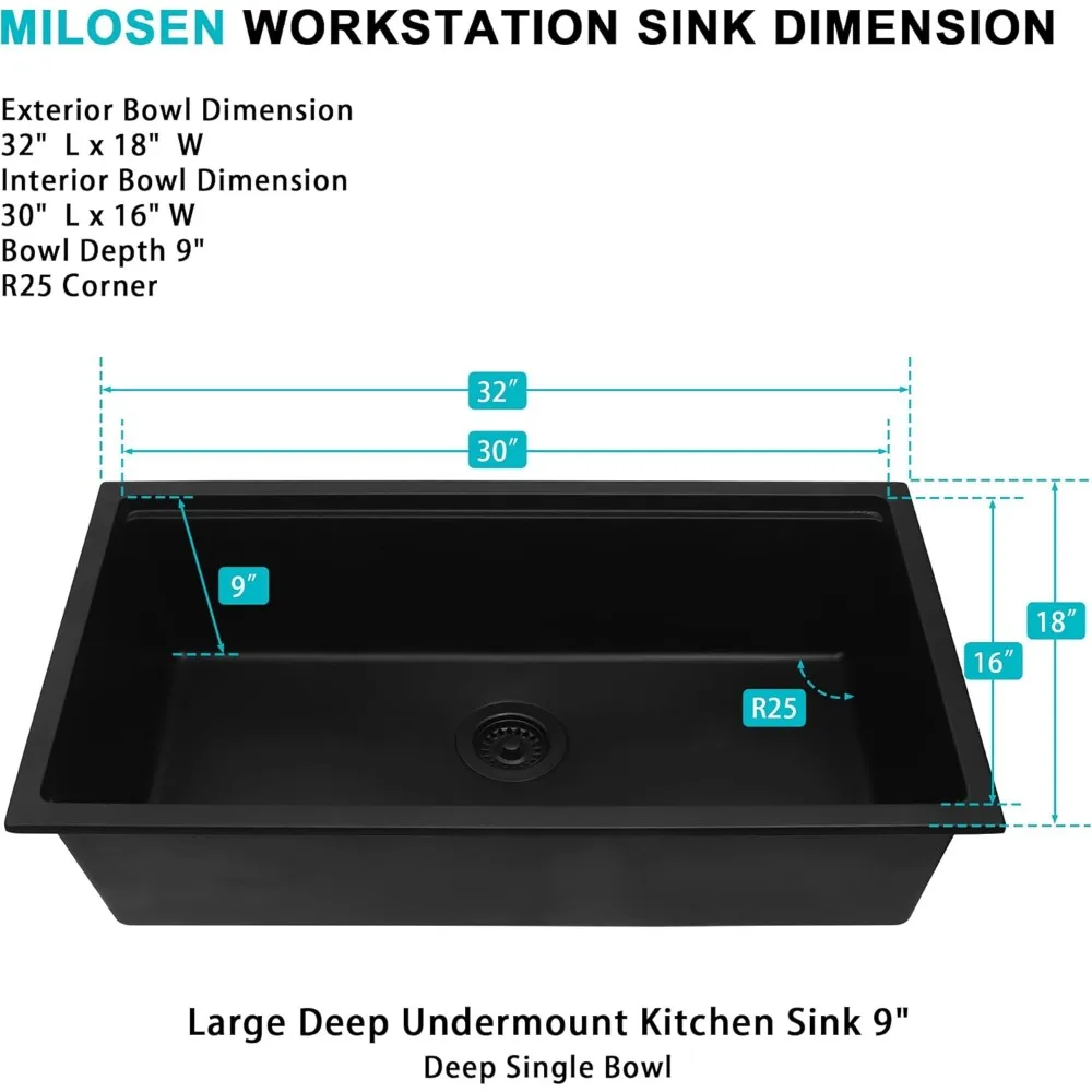 Black Kitchen Sink, 32''×18'' Black Undermount Kitchen Sinks, Workstation Sink Black, Large Granite Composite Kitchen Sink