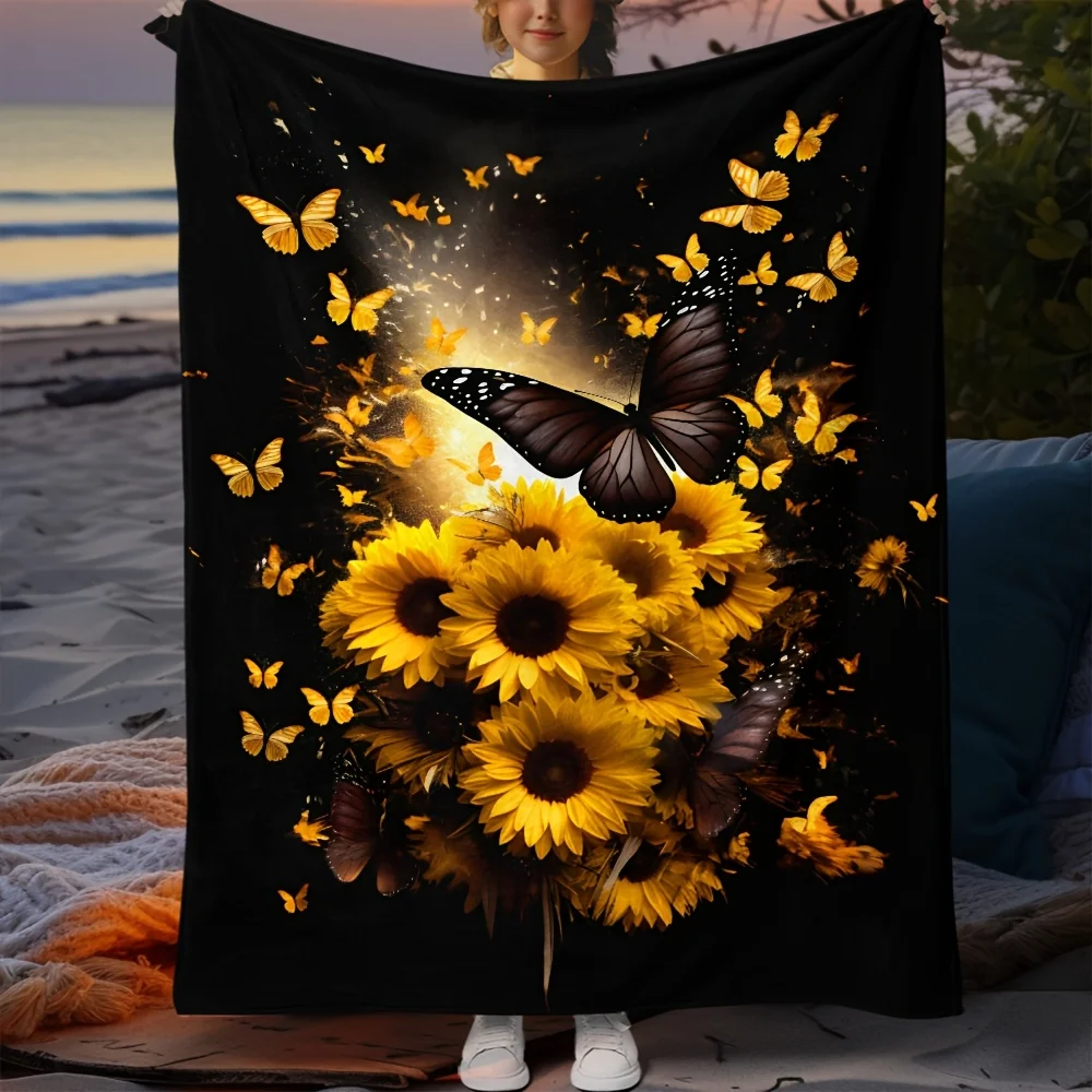 

Sunflowers and Butterflies Print Portable Blanket - Lightweight Flannel Throw for Sofa, Bed, Travel, Camping, Outdoor