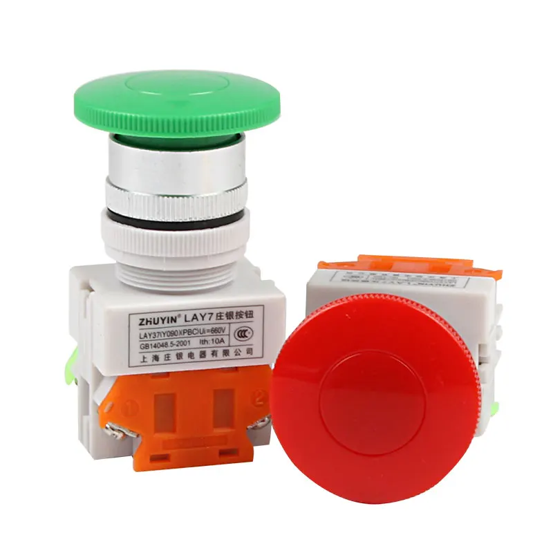 1PCS Push Button Switch Mushroom Head 1NO 1NC AC 660V 10A 40mm Button 22mm Mount Green/Red/Yellow