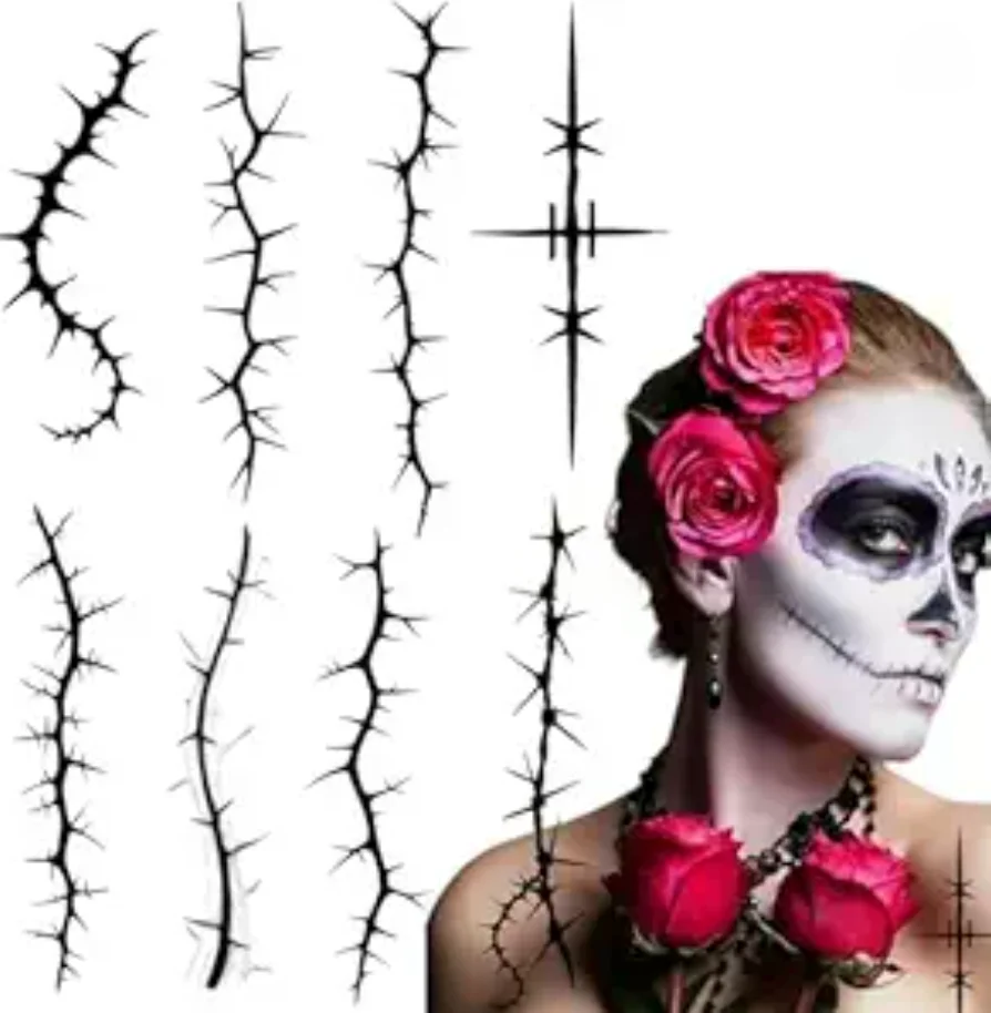 

8PCS Halloween Temporary Tattoo Stickers, Realistic Black Stitched Wound & Thorn Designs, Waterproof & Long-Lasting, Perfect for Face & Body, Ideal for Spooky Party, Cosplay & Horror Themed Events