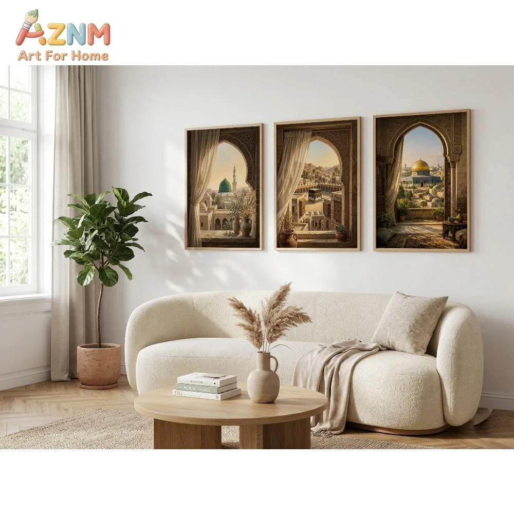 AZNM 3Pcs Islamic Mosque Arch Canvas Wall Art, Vintage Window Dome Mosque Scenery Print Frameless Canvas Painting, Neutral Boho