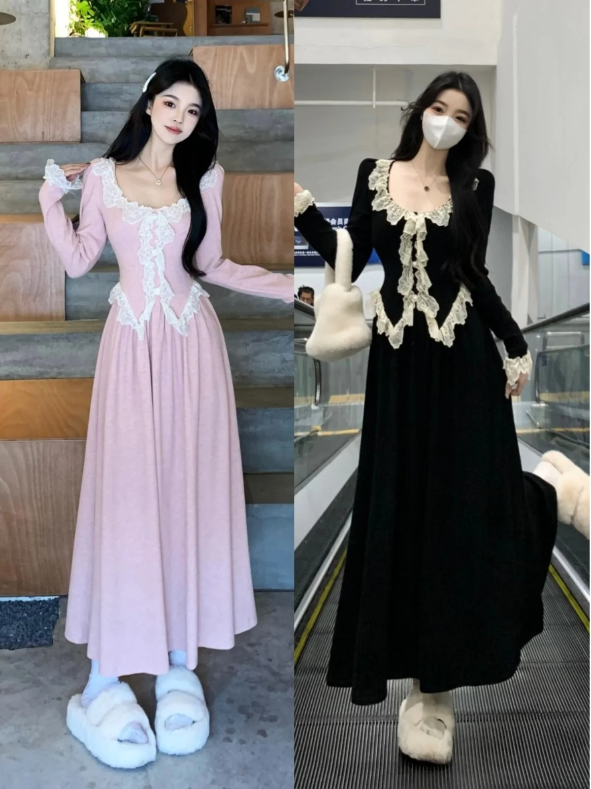 

plus Size Long Sve A-Line Dr Women's Autumn Slimming Belly Cover Lace Trim Ele Skirt Commute Sle High Waist Long ...