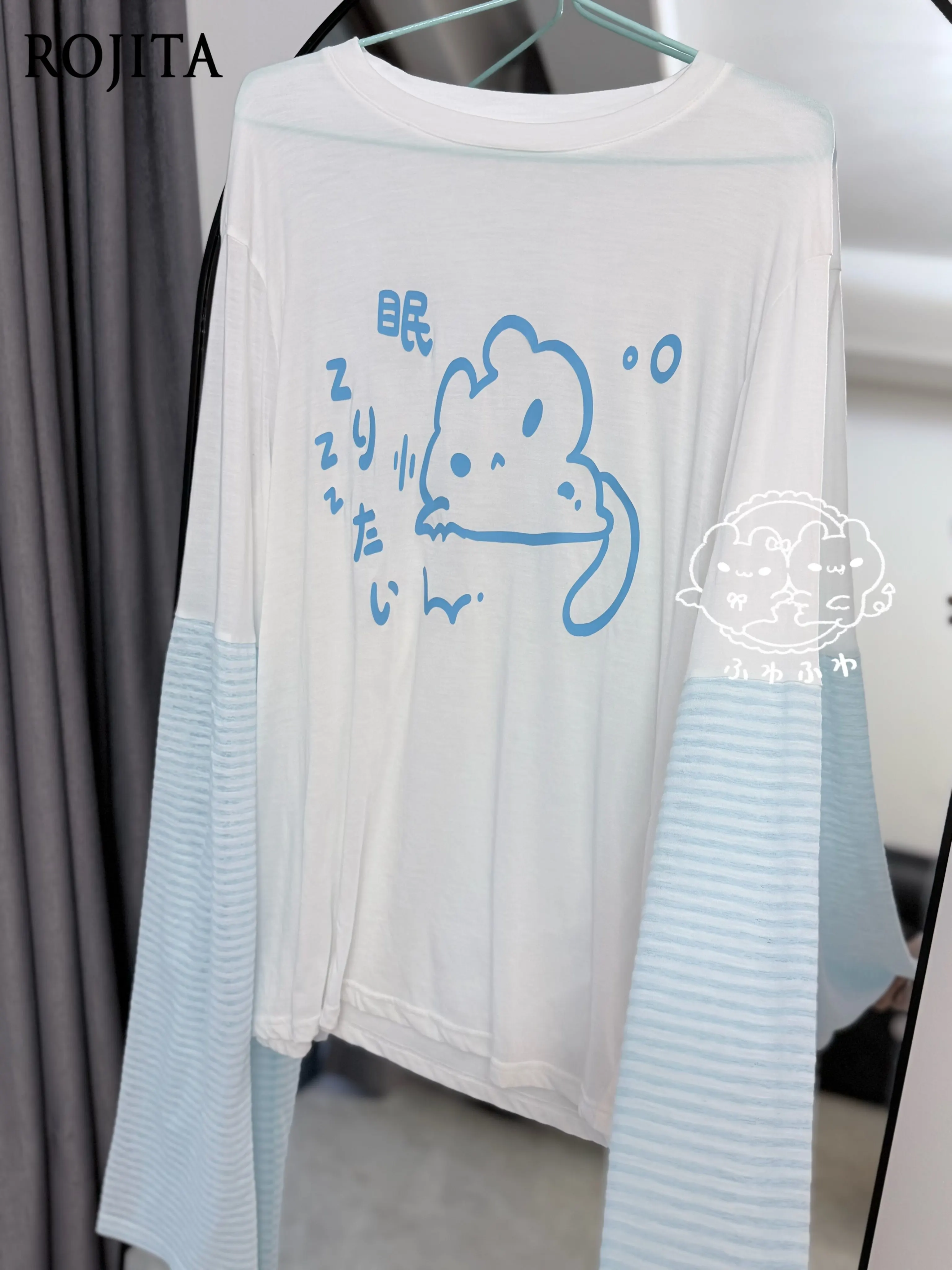 Long Sleeve T-Shirt Light Blue Inner Layer White Off Shoulder Oversized Tee Cute Blue Cartoon Bunny Print Harajuku Casual Top