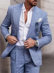 2 Piece Fashion Linen Suits for Men Chic Peak Lapel Double One Button Male Suit Slim Fit Business Casual Wedding Tuxedo Costume