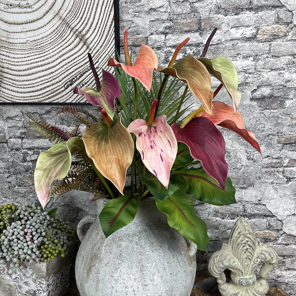 SunMade Vintage Anthurium Branch Real Touch Artificial Flowers Home Garden Decoration Table Decoration for Wedding Fall Decor