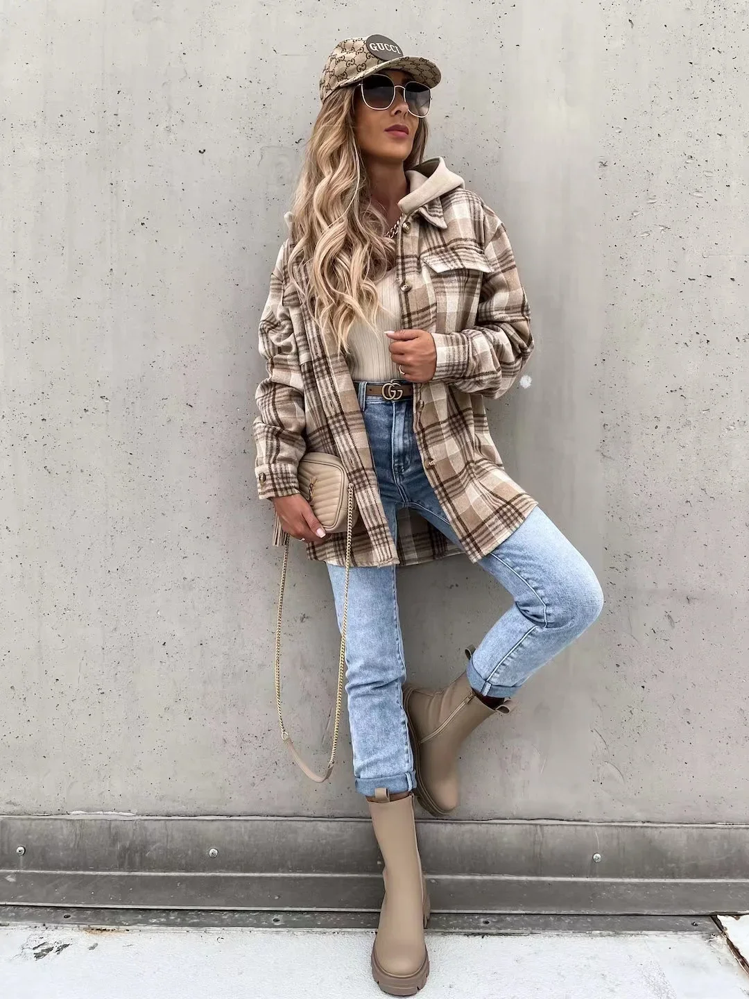 

2024 Autumn Women's Plaid Button Front Long Sleeve Flap Pocket Jackets Coat Female With Detachable Hoodie Shirt Winter Elegant