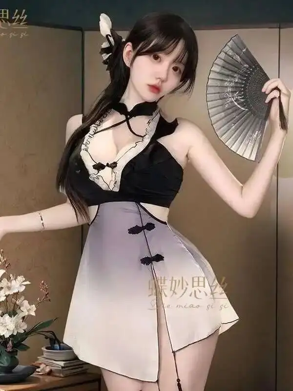 เซ็กซี่สไตล์จีนสำหรับผู้หญิงภาพวาดหมึกสไตล์อกสไตล์โบราณชุดนอนความปรารถนาอันบริสุทธิ์ชุดเดรสบางเฉียบสง่างาม 3PKY