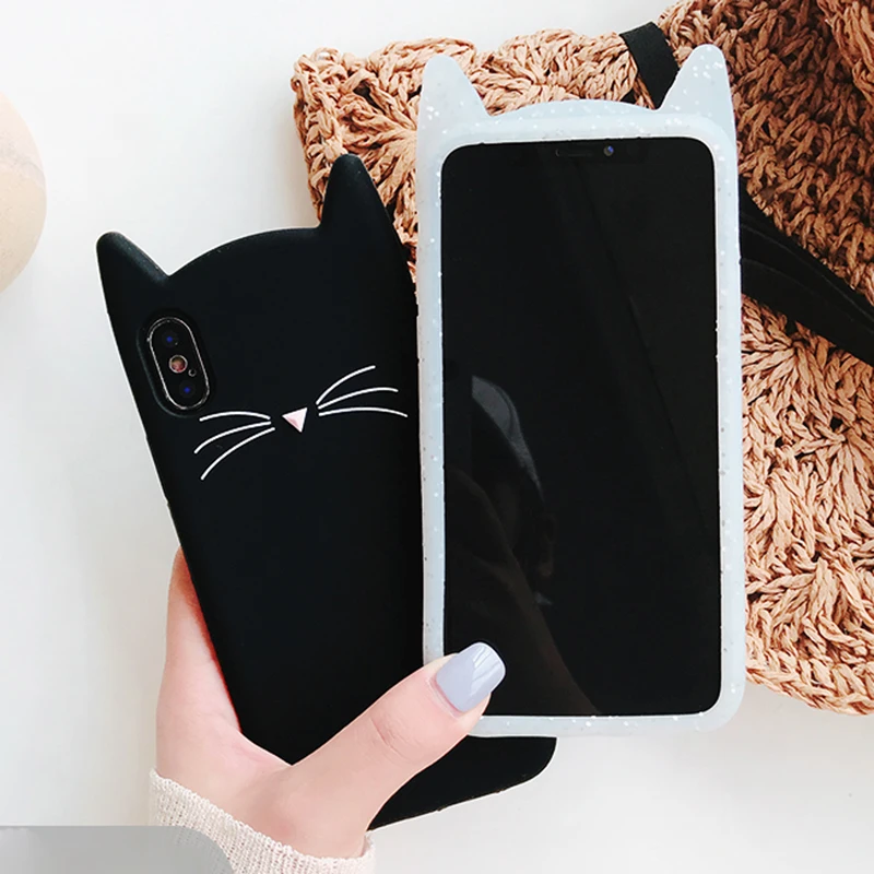 3D Cartoon Smile Black Cat Ear Beard Soft Silicone Case For iPhone SE 11 12 13 14 15 16 Pro Max Plus Rubber Cover Phone Case