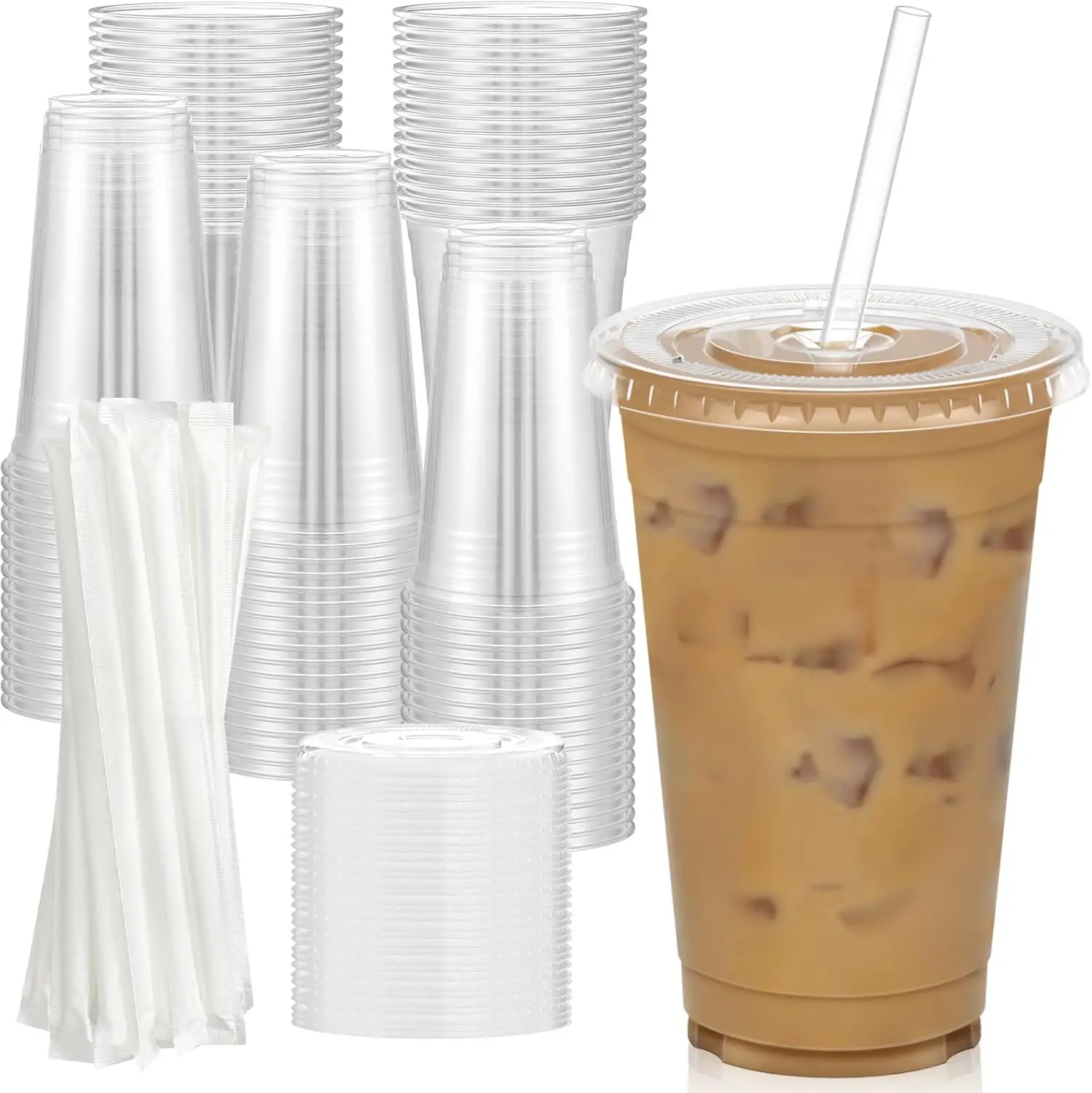 100 Pack 20 oz Clear Plastic Cups with Lids & Straws, Sturdy Food Safe for Iced Coffee Smoothies Cold Drinks