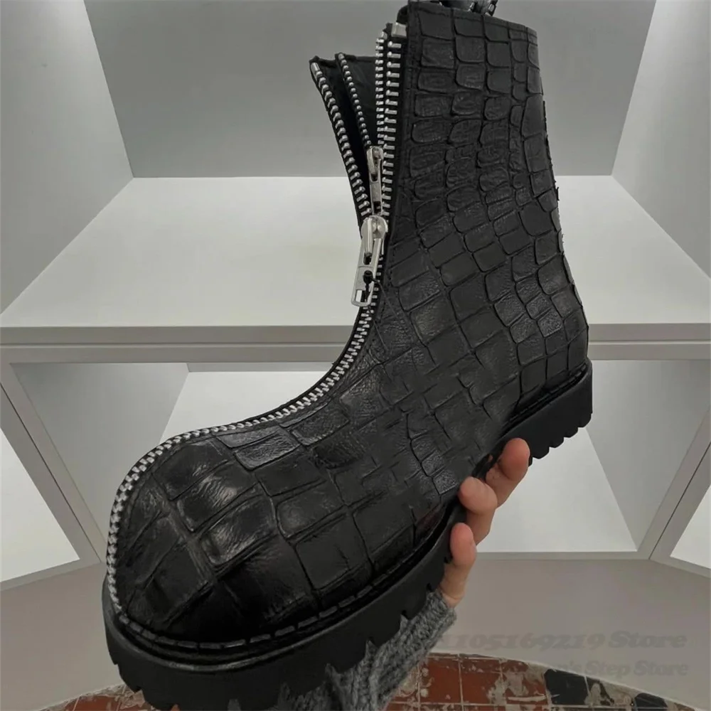 Dark Retro Crocodile Pattern Leather Big Head Short Boot Men Upturned Toe Double Zipper Knight Boots Cool Motorcycle Boots