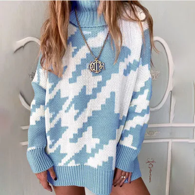 Winter Turtleneck Sweaters Warm Thick Knitted Casual Geometric Houndstooth Loose Sweater Women Long Sleeve Pullover Tops Jumper