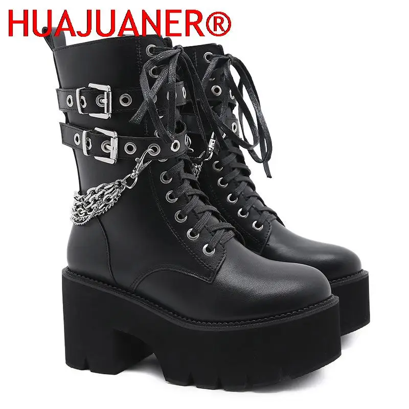 High Quality Leather Gothic Black Boots Women Heel Sexy Chain Chunky Heel Platform Boots Female Punk Style Ankle Boots Zipper