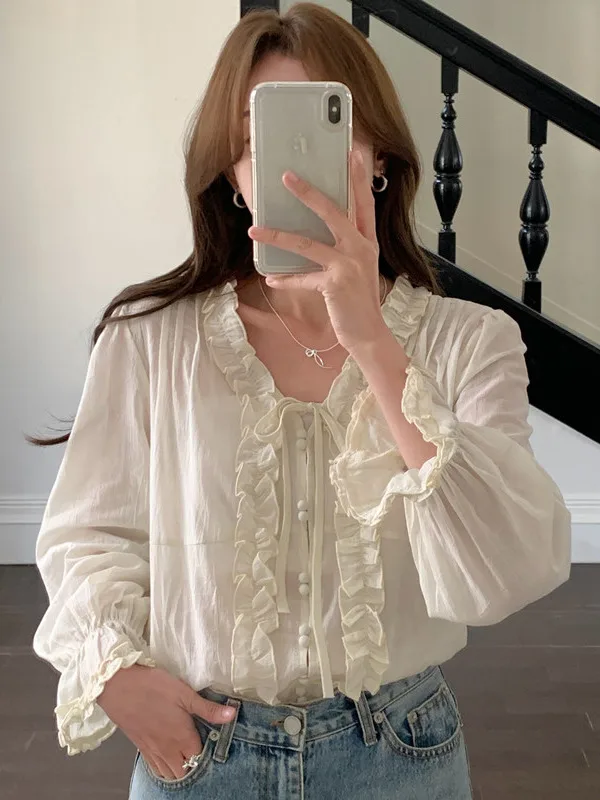 

Korean Sle Loose Thin Women's irt Knot Tie Spring New Sweet Gentle Splicing Long Sve Pure Color Top