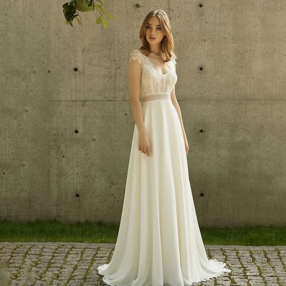 

UETEEY Elegant Chiffon Wedding Dresses Lace Cap Sleeves With Button V-Neck Robe De Mariée 2022 Coreset A-Line Bridal Gowns