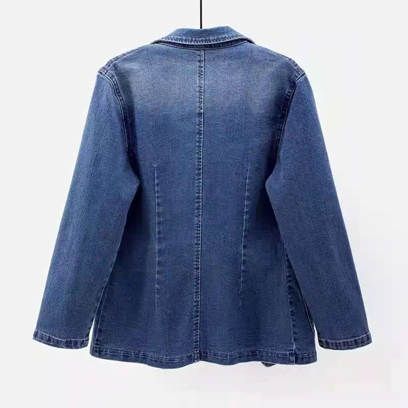 Spring Denim Suit Jacket Femme Long-Sleeve One Button Vintage Autumn Jeans Blazer Women Outerwear Cardigan Clothing 2023