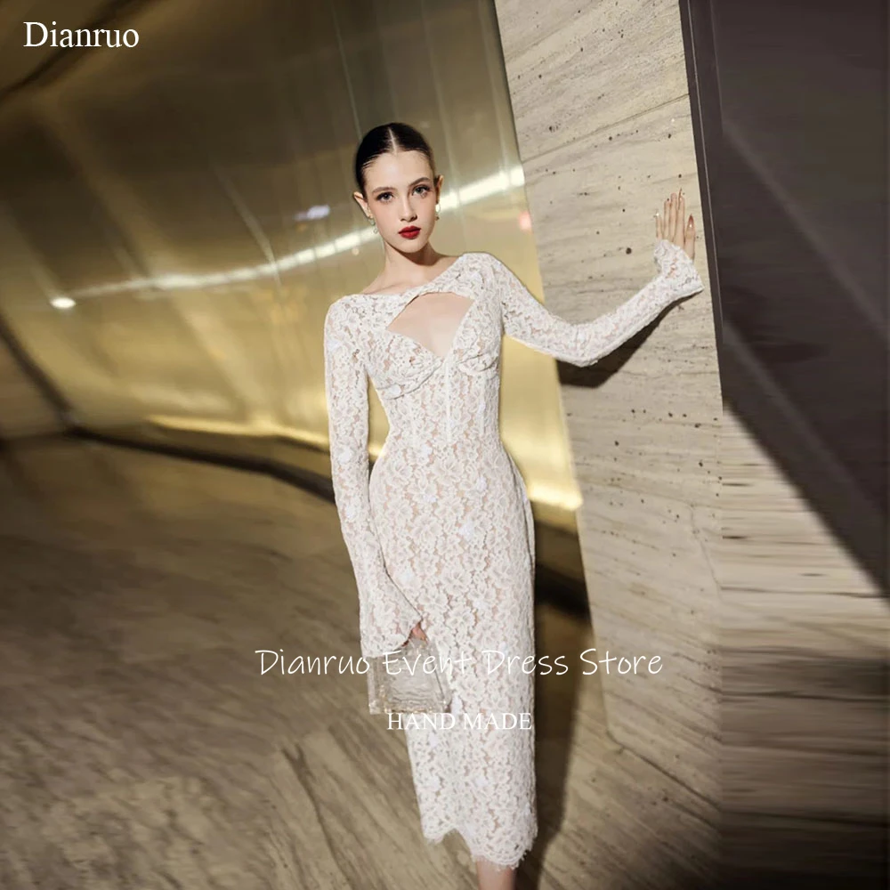 

Dianruo Slit Appliques Evening Dresses For Woman Lace Sexy Vestido Largo Elegante Straight Unique Cut Out Prom Gowns Customized
