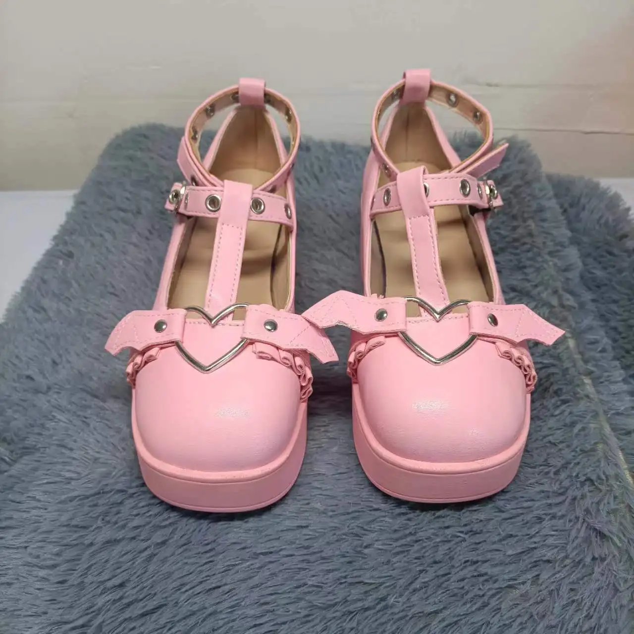 Woman Lolita Mary Jane Shoes Platform Cute Kawaii Elegant Casual Leather Wedges Pink Designer Dress Fashion Round Toe Plus Size