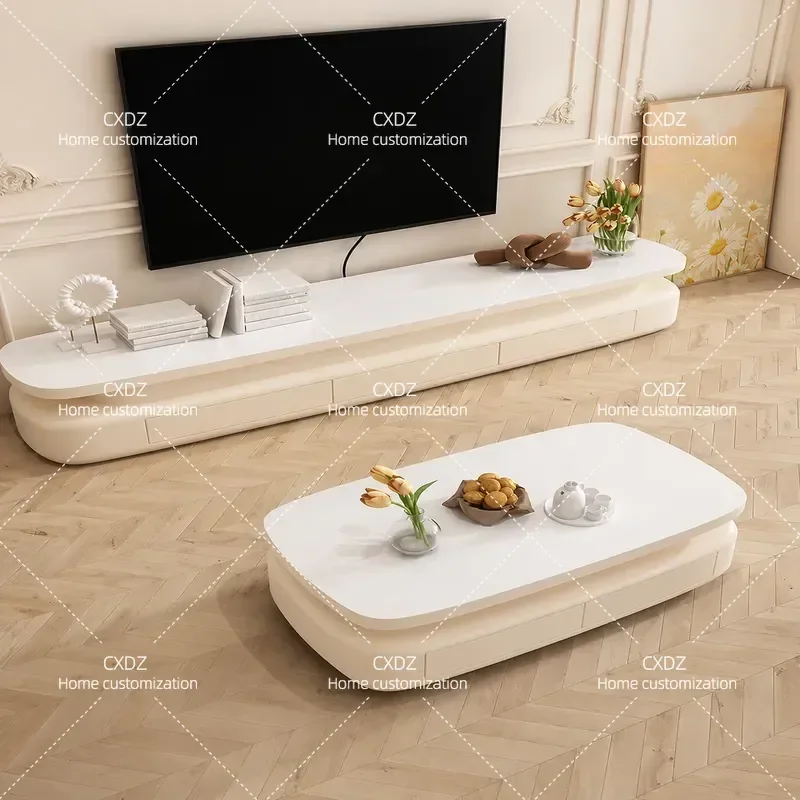 Q8 French Cream Style Oval Coffee Table And TV Cabinet Set Rock Slab Surface Living Room Furniture For Small Apartment Household