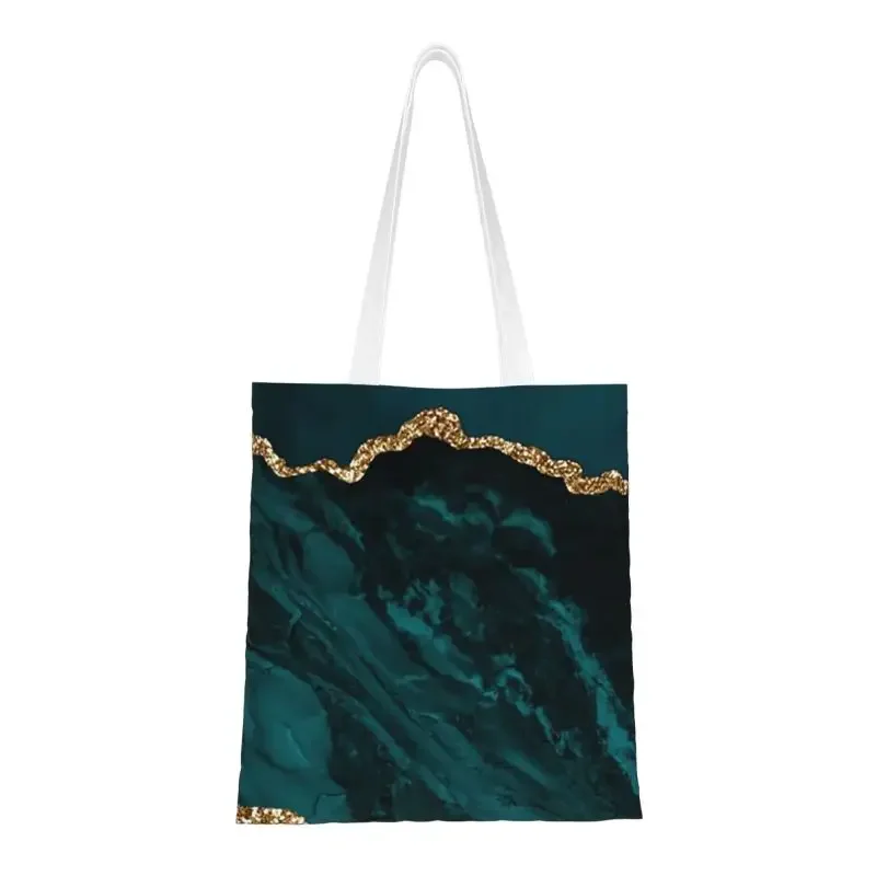 

Custom Teal And Gold Agate Texture Canvas Shopping Bag Women Reusable Grocery Geometric Patterns Tote Shopper Bags