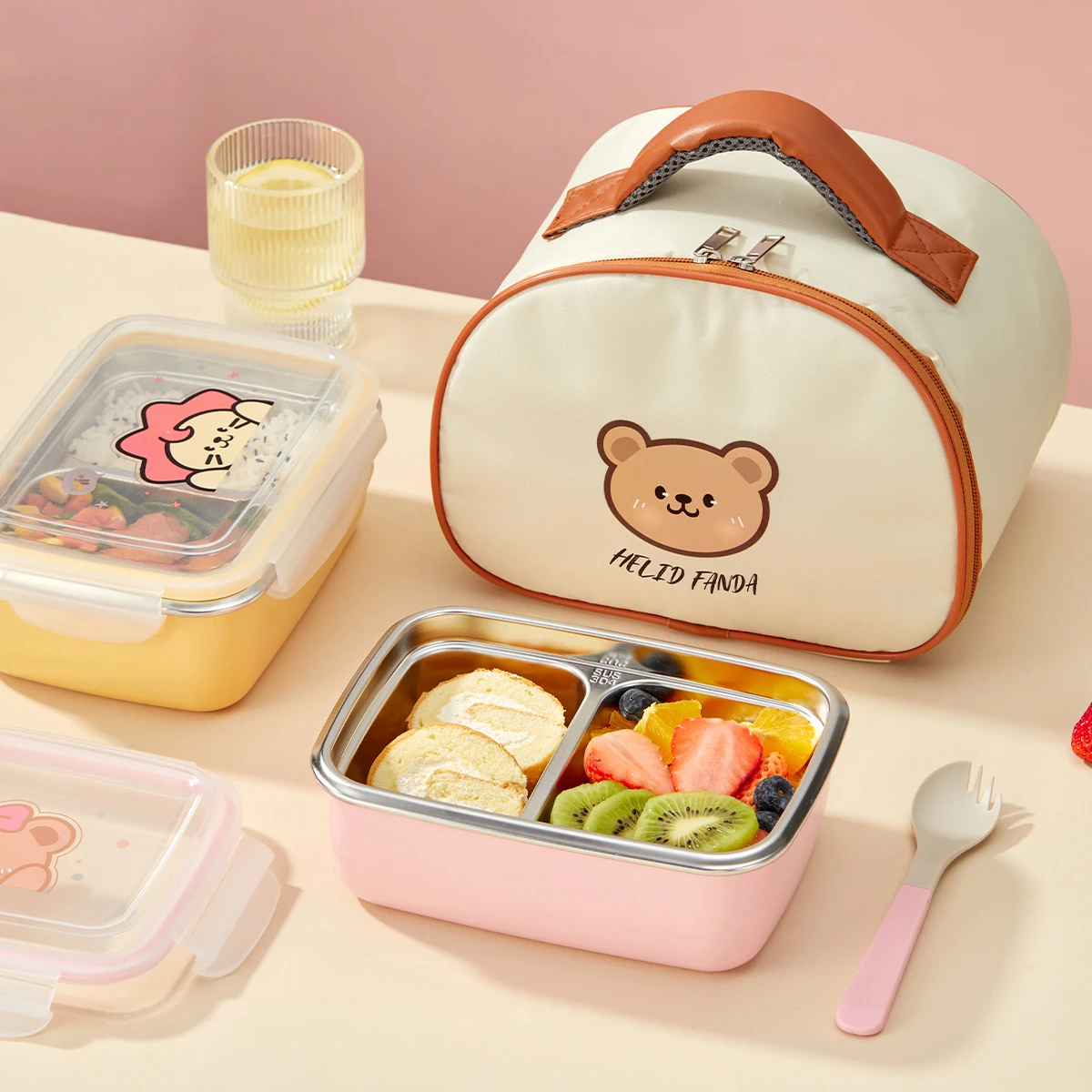 WORTHBUY Portable 304 Stainless Steel Lunch Box For Kids Students Divided Bento Box With Spoon Hot Water Heatable Food Container