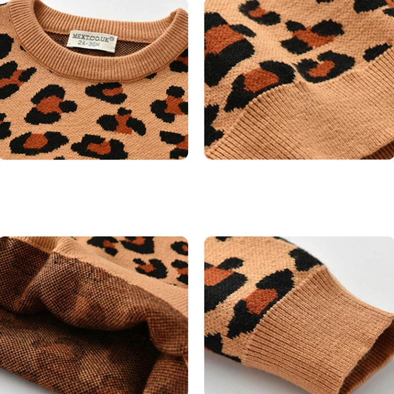 New Kids Baby Boys Girls Long Sleeve Leopard Print Sweaters Autumn Winter Baby Boy Girl Knit Children\'s Sweaters