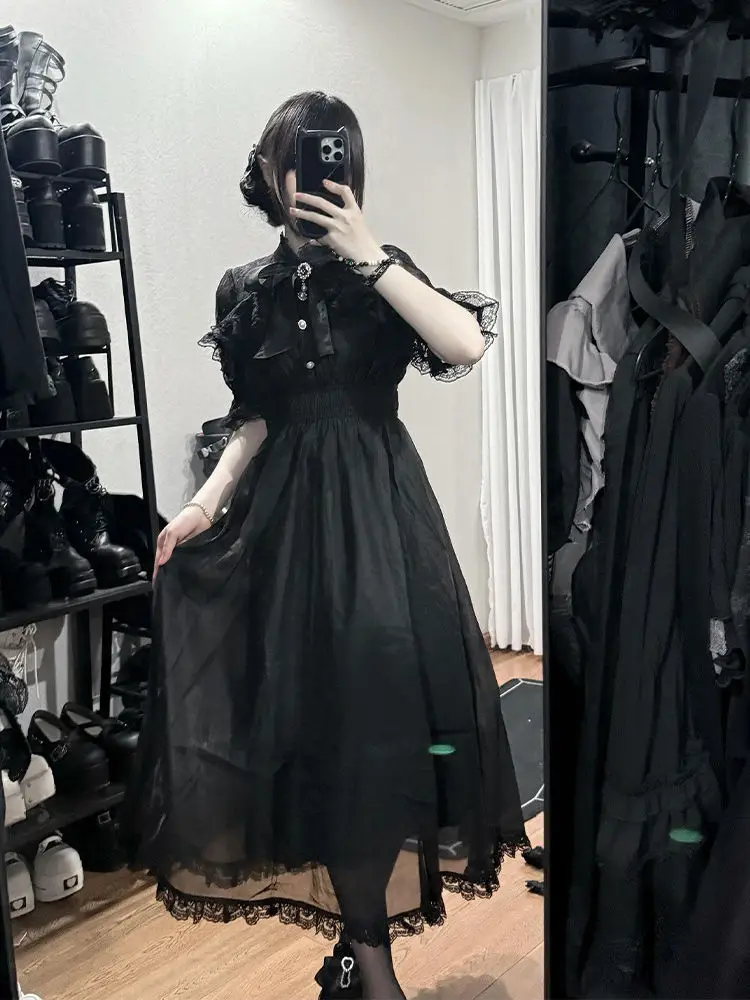 ゴシックヴィンテージY2K和風ワンピース レディース服 蝶ネクタイ レース ロリータファッション ショート丈パーティードレス スリム エレガント ミディ丈ワンピース 新作
