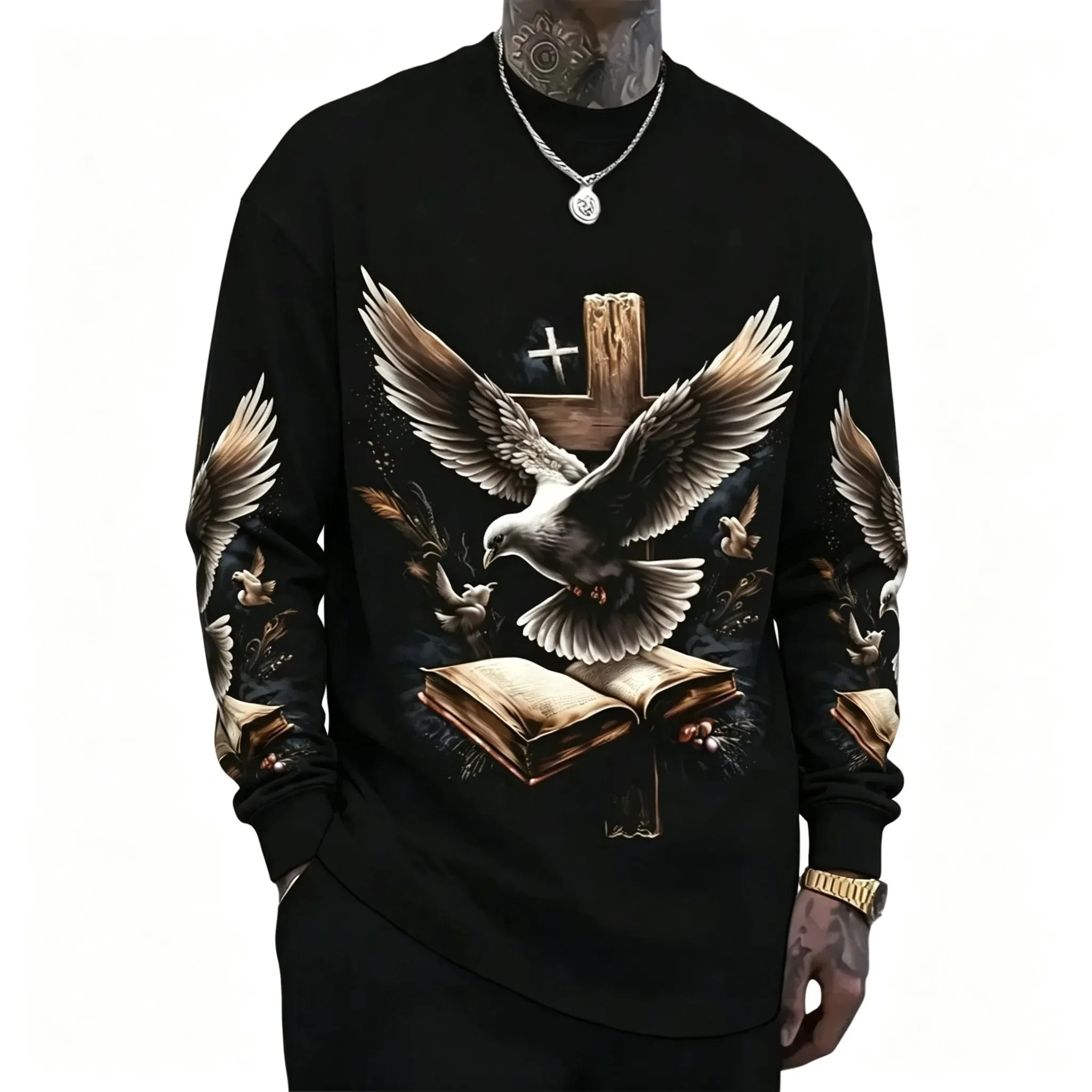2026 New Autumn and Winter Men's Long Sleeved T-Shirt Bald Eagle Forest Moon 3D Printed Casual Outdoor Streetwear Round Neck Top