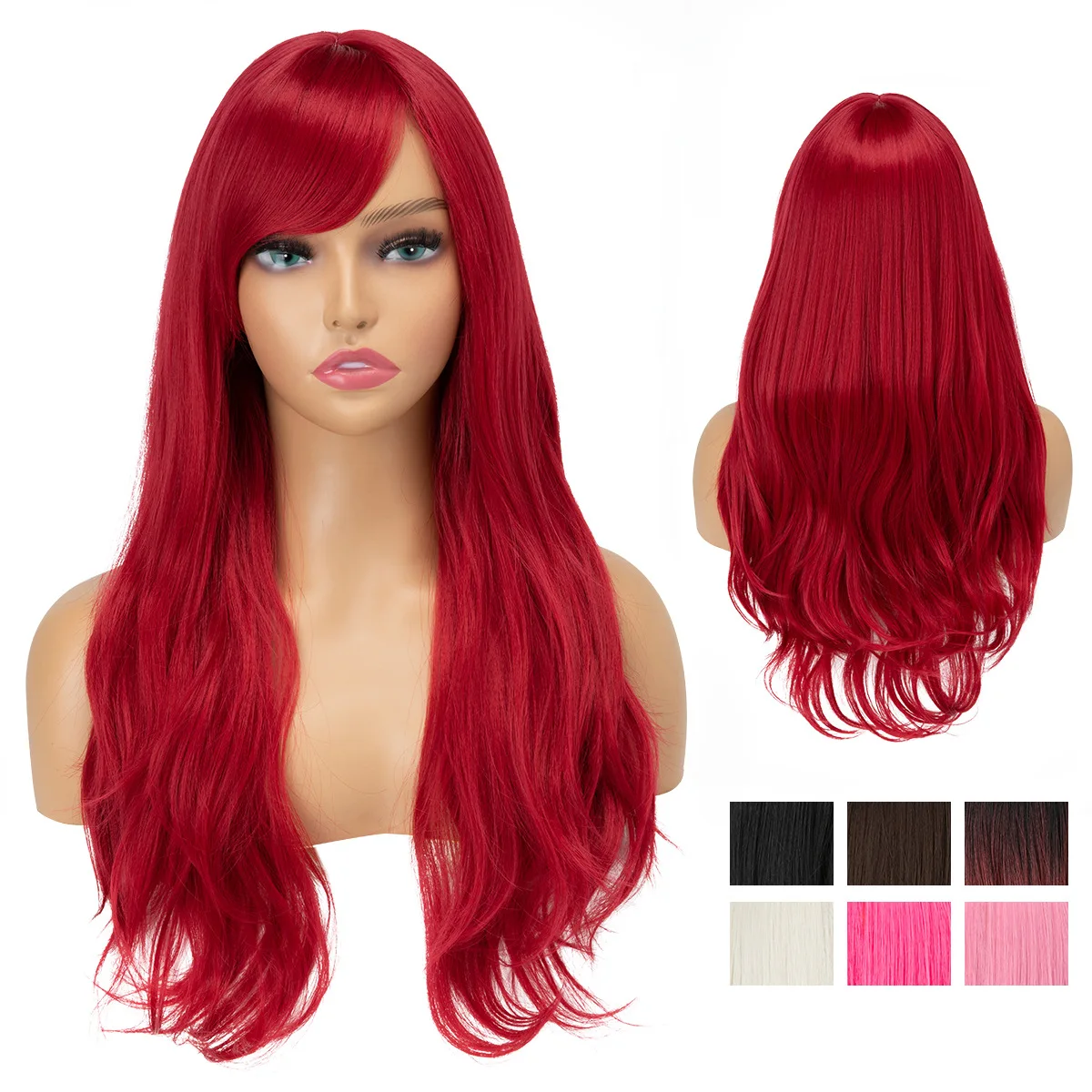 

Red Women's Side-Swept Long Wavy Synthetic Wig Full Festival gathering Headpiece Natural Wig for Daily Wear