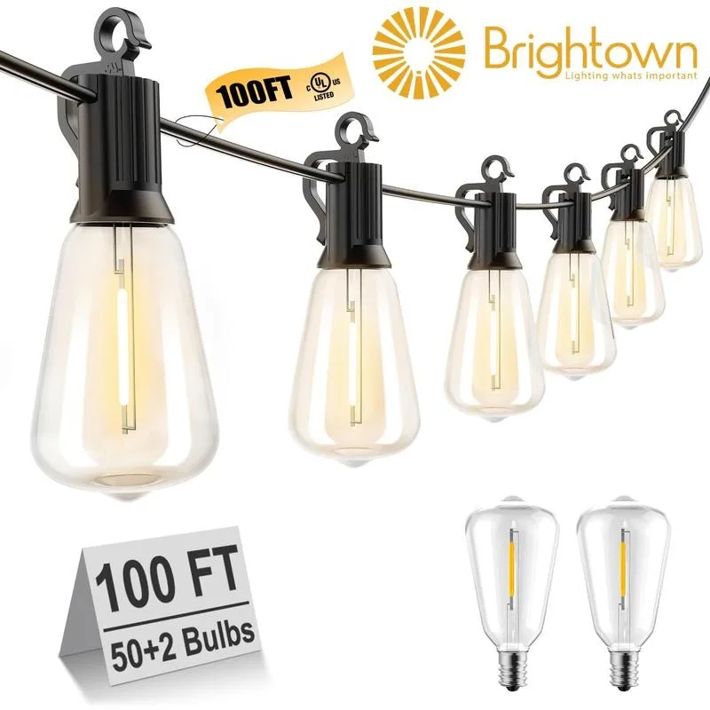 

Brightown Outdoor String Lights with Shatterproof ST38 Dimmable Edison Bulbs, Waterproof, 2700K Warm Light