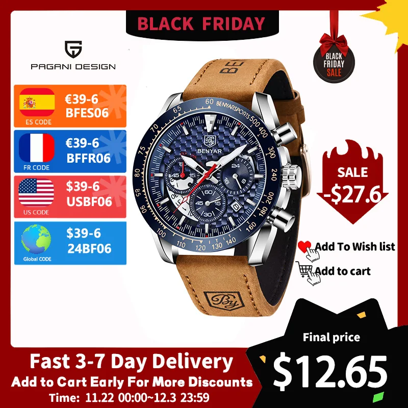 BENYAR Top Brand New Men Watches Leather Strap Luxury Waterproof Sport Quartz Chronograph Military Watch Men Clock Reloj Hombre