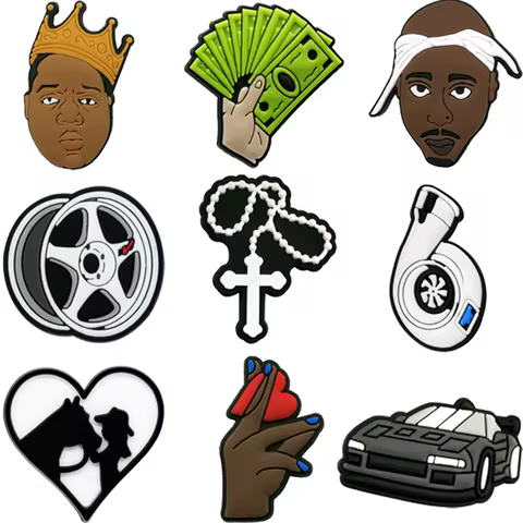1/9 Fashion Trend Shoe Charms for Boys,Heart Cross Car Pin Accessories for Sandals,Hip Hop Singer Clog Buckle Decoration