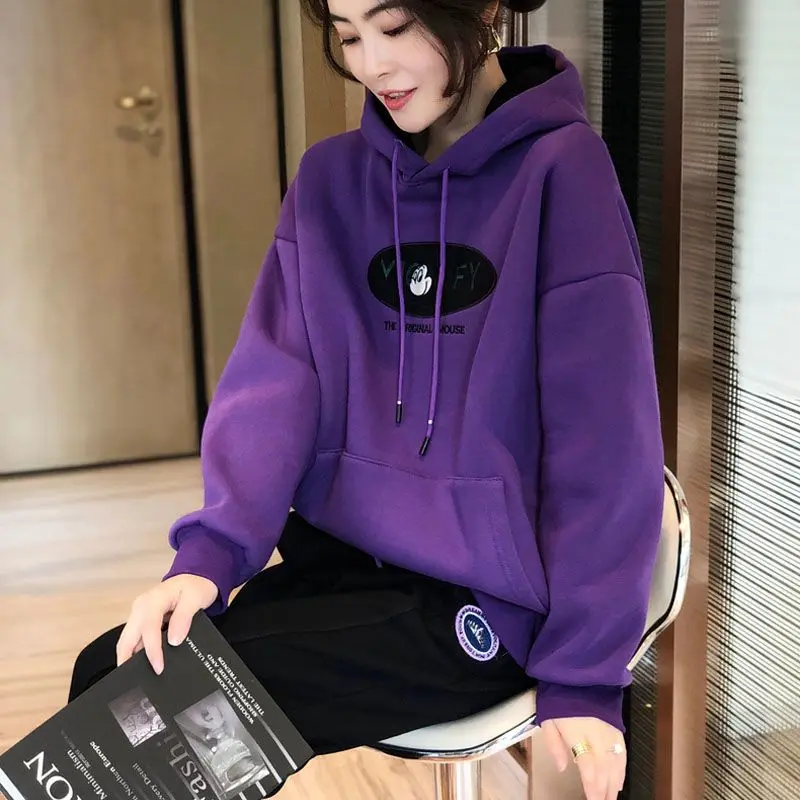 2023 Spring  Autumn New Loose Korean Long Sleeve Purple Popular Hooded Loose Casual Office Lady Leisure Sweater Women\'s Wear