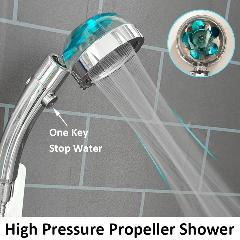 High Pressure Properller Shower Head with Stop Button 360 Rotating Water Saving Handheld Shower Turbocharged Bathroom Showerhead