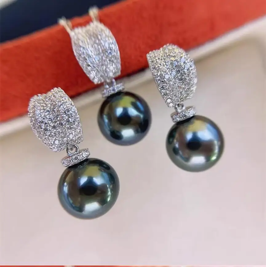

gorgeous set of 10-11mm south sea black pearl pendant earring 925s