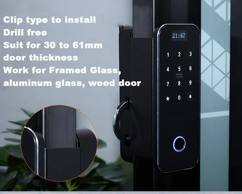 Drill Free No hole Needed Smart Lock with Clip Bracket For Swing Glass Door Sliding Aluminum Glass Wood Door