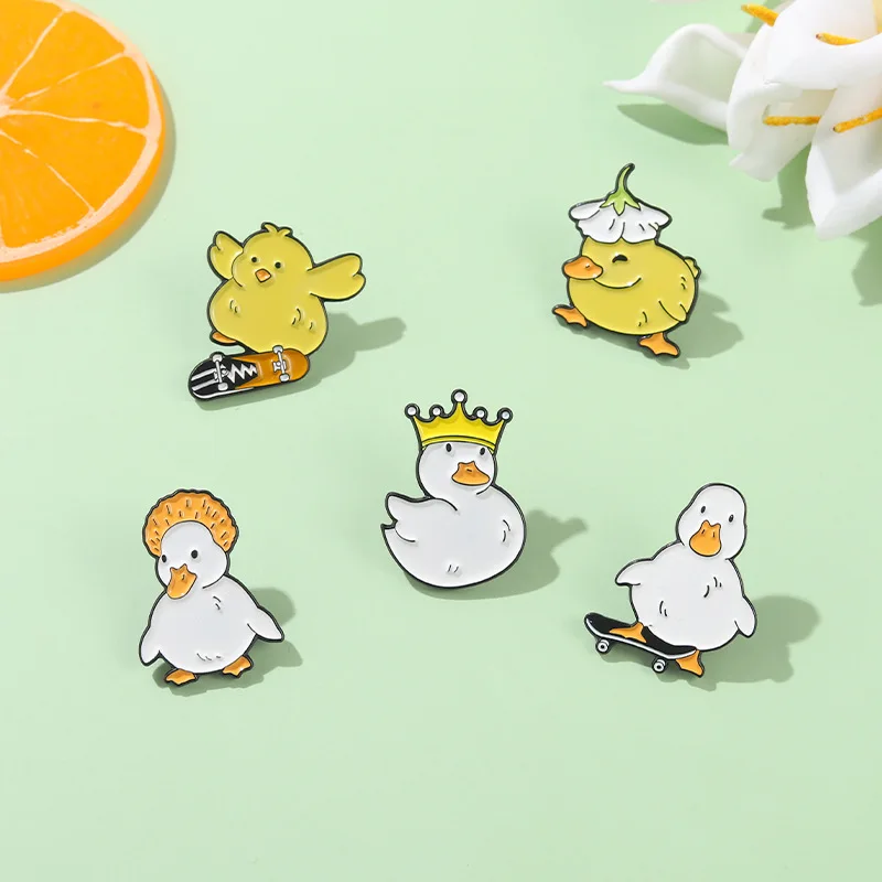 Lovely Animal Enamel Pins Cartoon Naughty Skate Goose Duck Chicken Shopping Swim Cycling Brooch Bag Badge Jewelry Gift for Kids