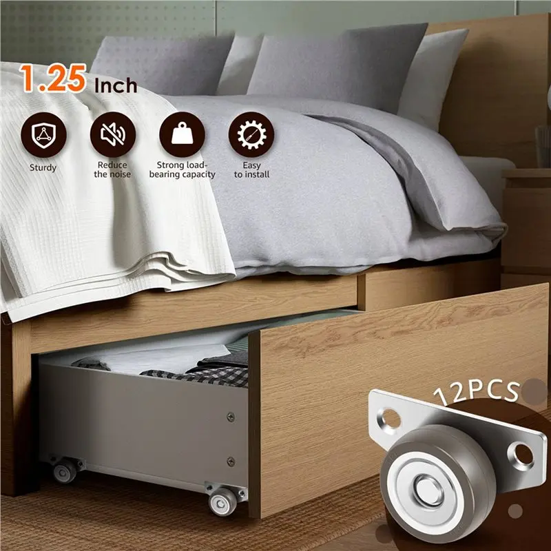 AS63-36PCS Furniture Caster Wheels 1.25 Inch Small Side Mount Caster Low Profile Casters Non Swivel Rigid Silent For Drawers
