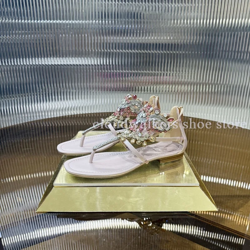 New Gorgeous Grain Pearl Rhinestone Buckle Flip-Flops Sandals Fairy Summer Cool Back Zipper Flat Sandals Sweet Princess Sandals