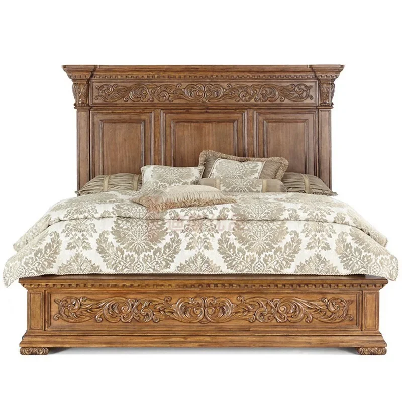 European luxury carved solid wood double bed master bedroom wedding bed American bedside table combination 1.8 princess bed
