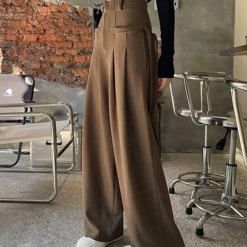 Harajuku Retro Casual Pants Women High Waist and Wide Legs Versatile Gentle Solid Color Side Style Strap Up Suit Pants Women