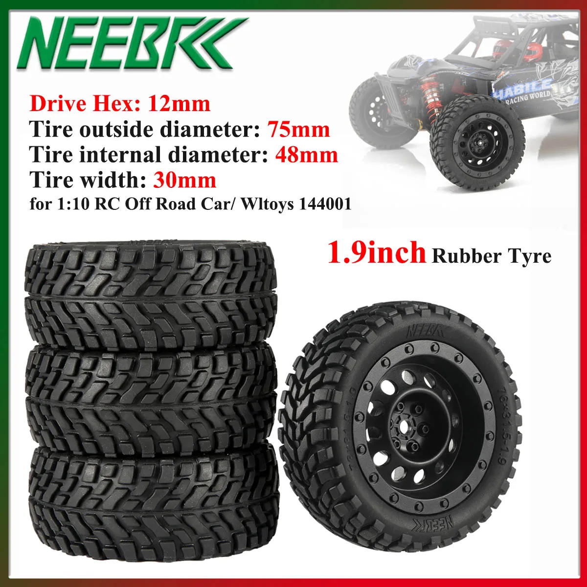 

4 шт. NEEBRC 1,9 дюйма 75 мм резиновая шина 12 мм ступица обод колеса шина для 1/10 RC внедорожного автомобиля Drift Wltoys Traxxas TRX-4 HSP HPI Tamiya