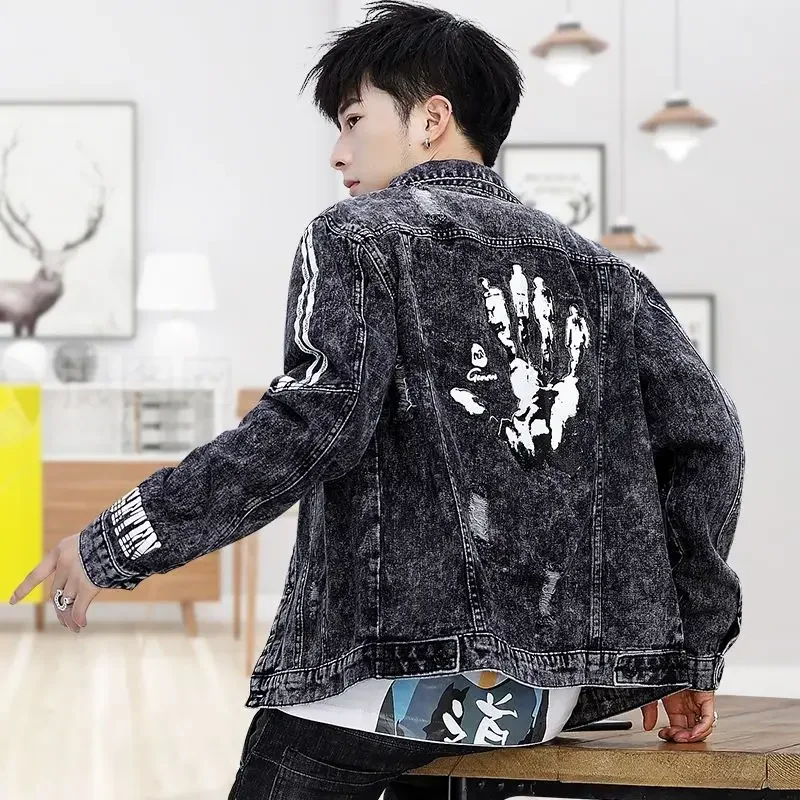 Men's Denim Jacket Ripped Male Jean Coats Black with Hole Punk Large Size Outwear Winter Outerwear 2024 Korea in Lowest Price L