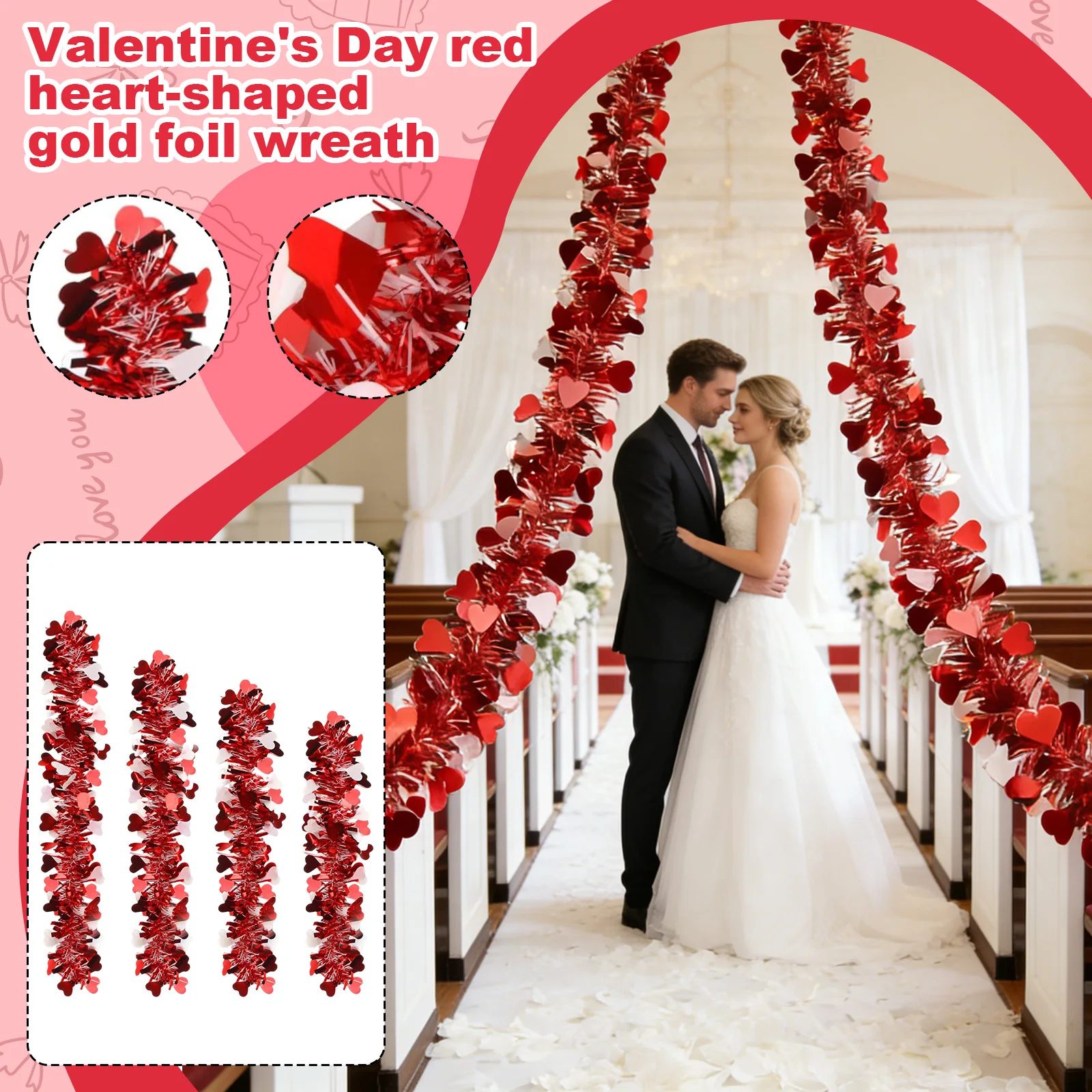 

3/5/10/15 м красный венок из золотой фольги в форме сердца на День святого Валентина для внутреннего и наружного домашнего декора, сверкающие ленты для свадебной вечеринки