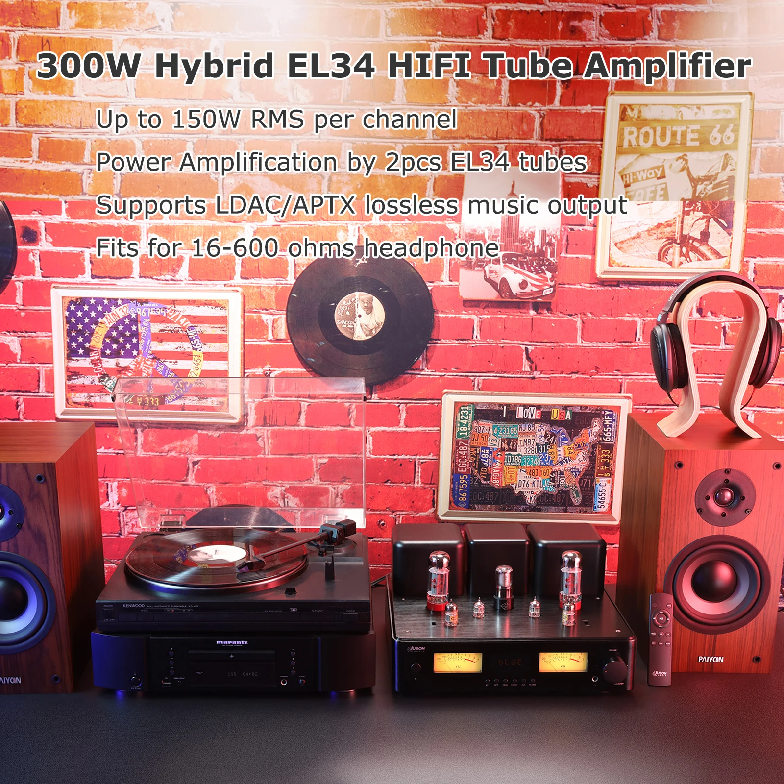 Juson Audio JTA200 300W EL34 Amplificatore valvolare HiFi Amplificatore valvolare ibrido con BT5.4 Phono Coassiale AUX Opt Ingresso PC-USB Cuffie Sub Out EU