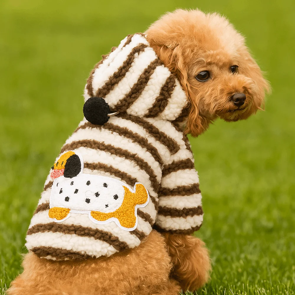 

Cute Cartoon Pattern Striped Dog Hoodie Thickened Wind Proof Dog Sweatshirt Warm with Ball Dog Base Coat Outdoor